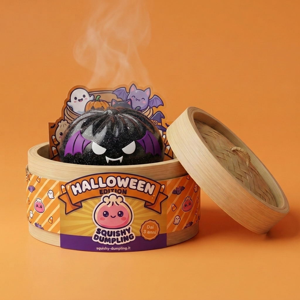 Bat Dumpling Squishy Halloween Glitter Nero nel suo cestino di bambù per vapore