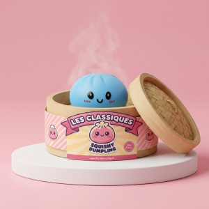 Dumpling Squishy Blu Oceano nel suo cestino di bambù per vapore