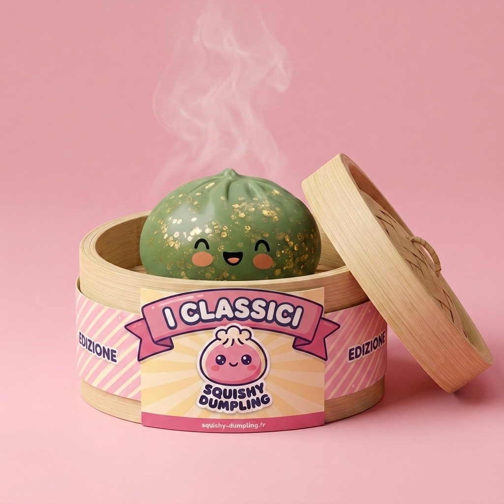 Dumpling Squishy Glitter Verde Smeraldo nel suo cestino di bambù per vapore