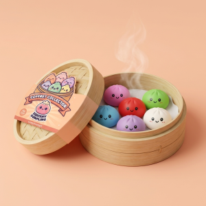 Dumpling Squishy Collection Set da 6 nel suo cestino di bambù per vapore