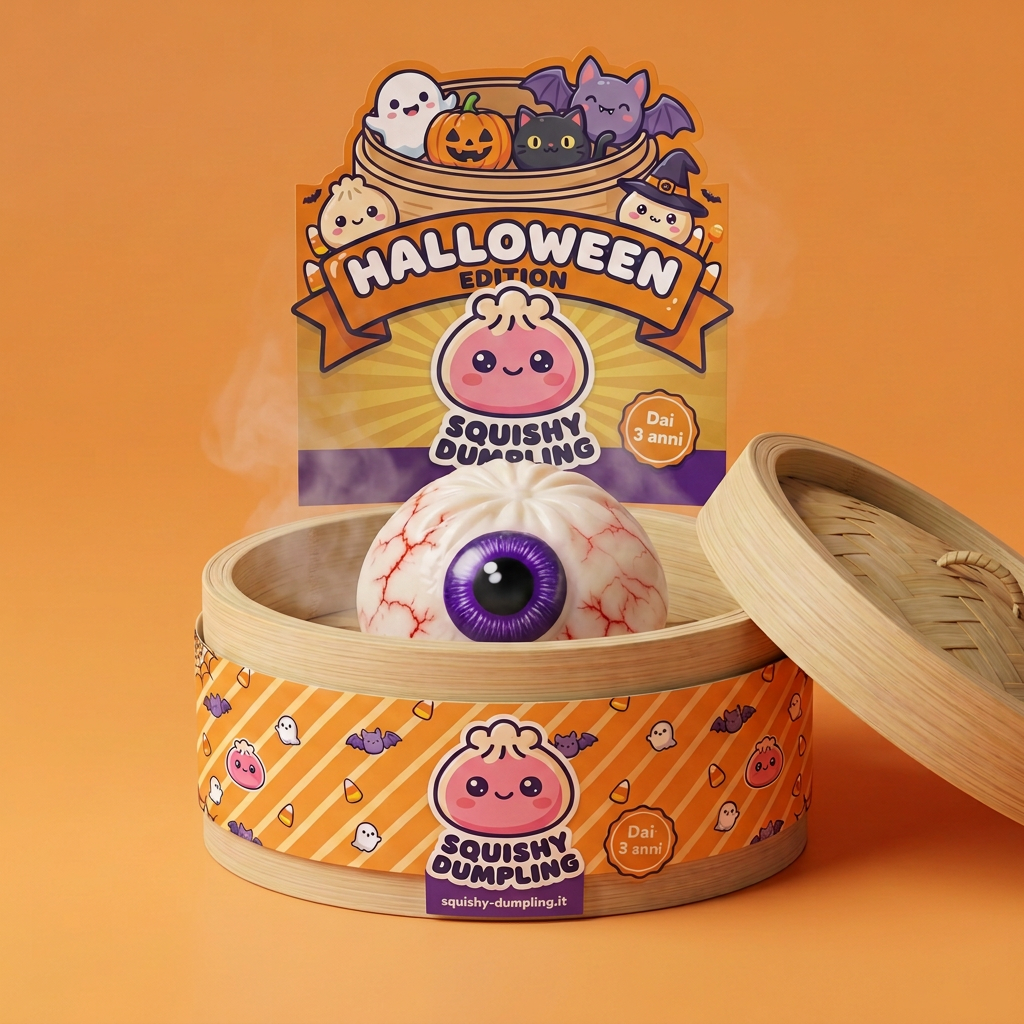 Squishy Dumpling Occhio Halloween Realistico nel suo cestino di bambù per vapore