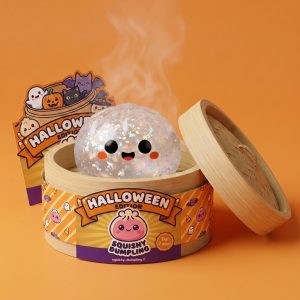 Ghost Dumpling Squishy Halloween Glitter nel suo cestino di bambù per vapore