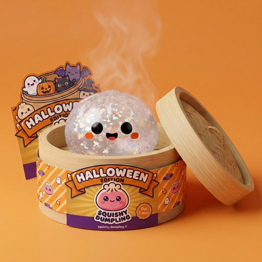 Ghost Dumpling Squishy Halloween Glitter nel suo cestino di bambù per vapore