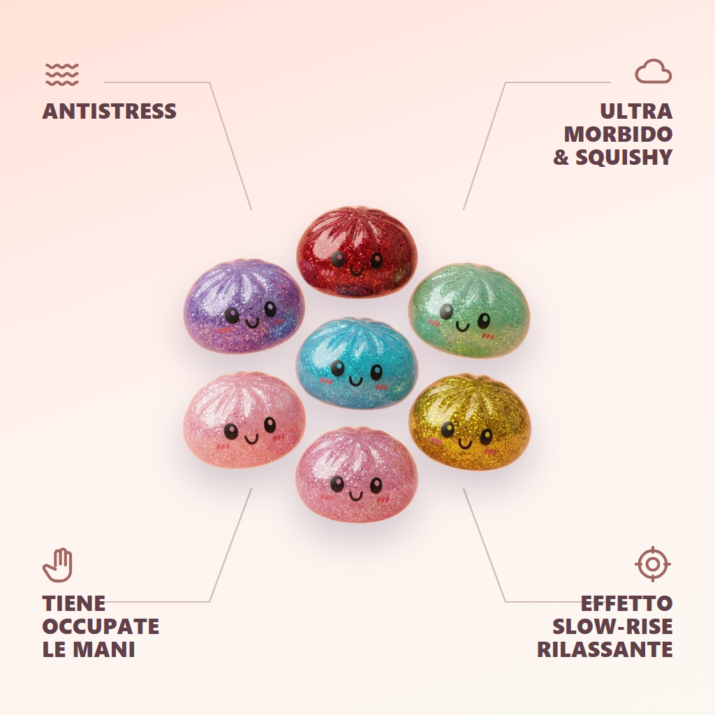 Glitter Dumpling Squishy Set da 6 Glitterati — squishy antistress slow-rise kawaii