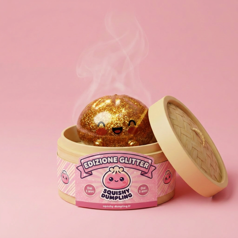 Dumpling Squishy Glitter Or Tesoro Unico nel suo cestino di bambù per vapore