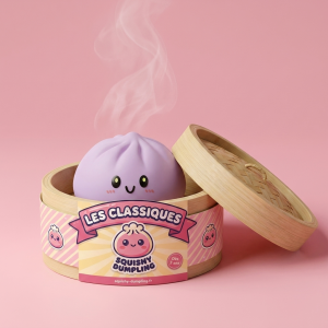 Dumpling Squishy Grigio Magenta nel suo cestino di bambù per vapore