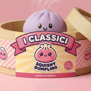 Dumpling Squishy Grigio Magenta nel suo cestino di bambù per vapore
