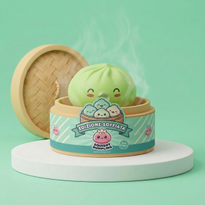 Dumpling Squishy Matcha Verde Rare Blow nel suo cestino di bambù per vapore