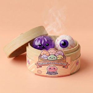 Squishy Dumpling Halloween Set da 5 nel suo cestino di bambù per vapore