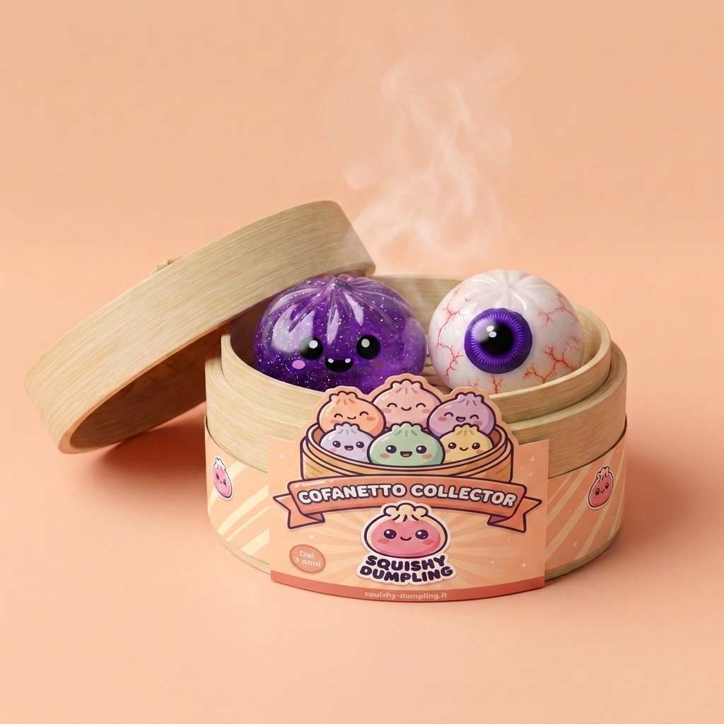 Squishy Dumpling Halloween Set da 5 nel suo cestino di bambù per vapore