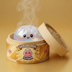 Dumpling Squishy Holographic Iridescente nel suo cestino di bambù per vapore