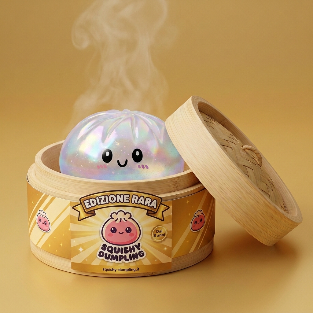 Dumpling Squishy Holographic Iridescente nel suo cestino di bambù per vapore