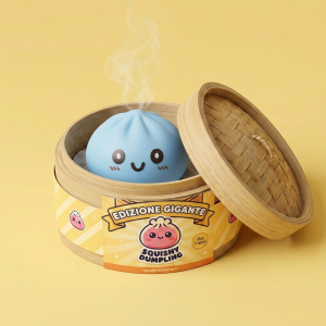 Giant Dumpling Squishy Blu Jumbo nel suo cestino di bambù per vapore