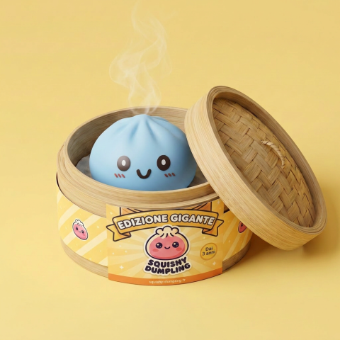 Giant Dumpling Squishy Blu Jumbo nel suo cestino di bambù per vapore