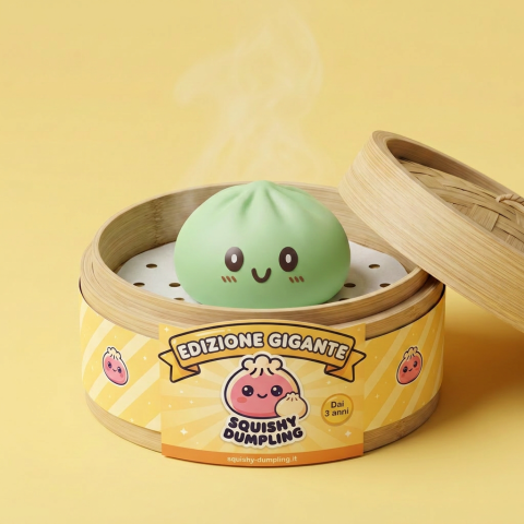 Squishy Dumpling Gigante Verde Jumbo nel suo cestino di bambù per vapore