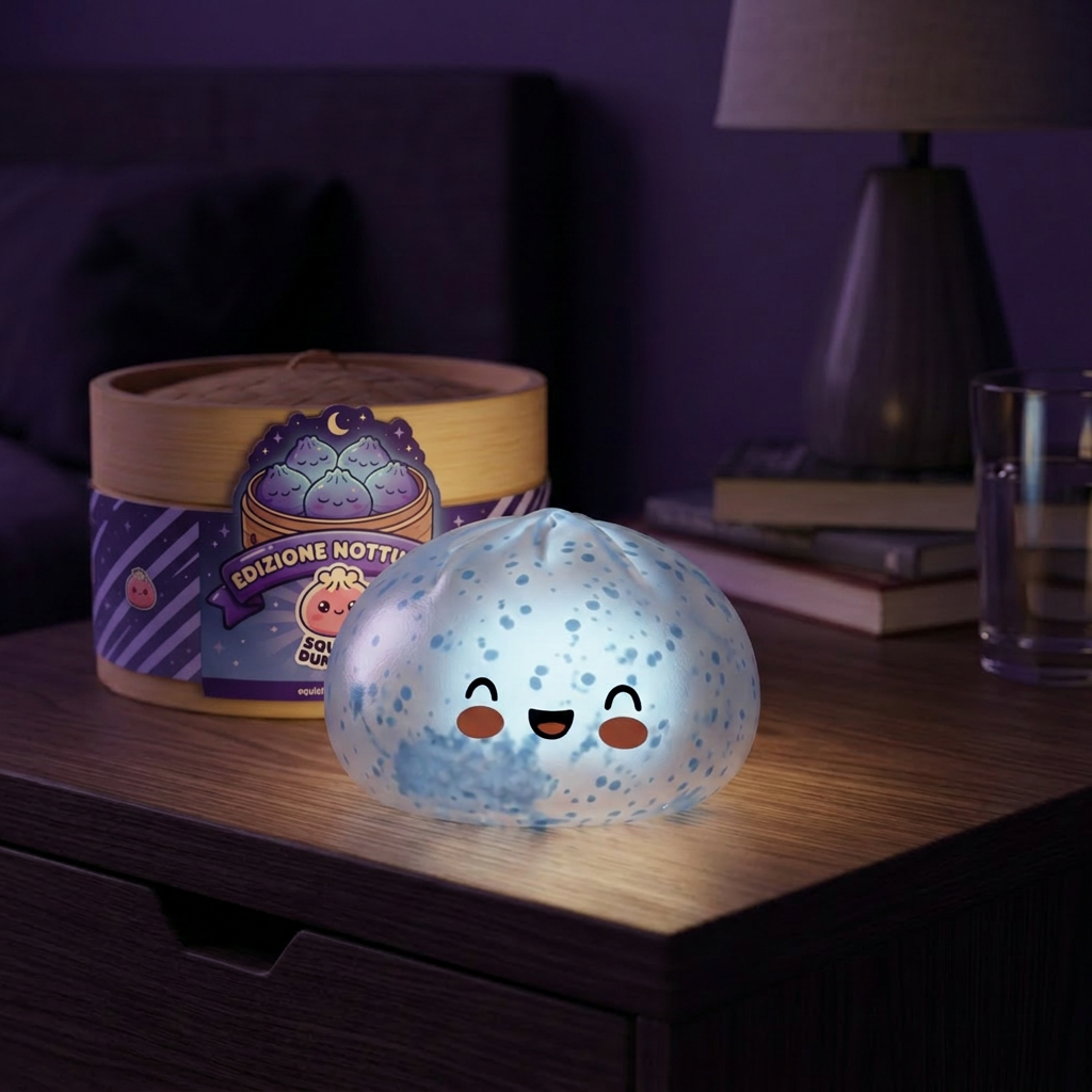 Dumpling Squishy Sparkle Blu Ghiaccio in un'atmosfera da scrivania