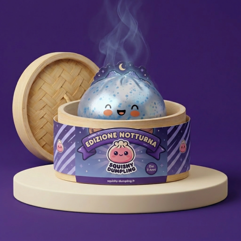 Dumpling Squishy Sparkle Blu Ghiaccio nel suo cestino di bambù per vapore