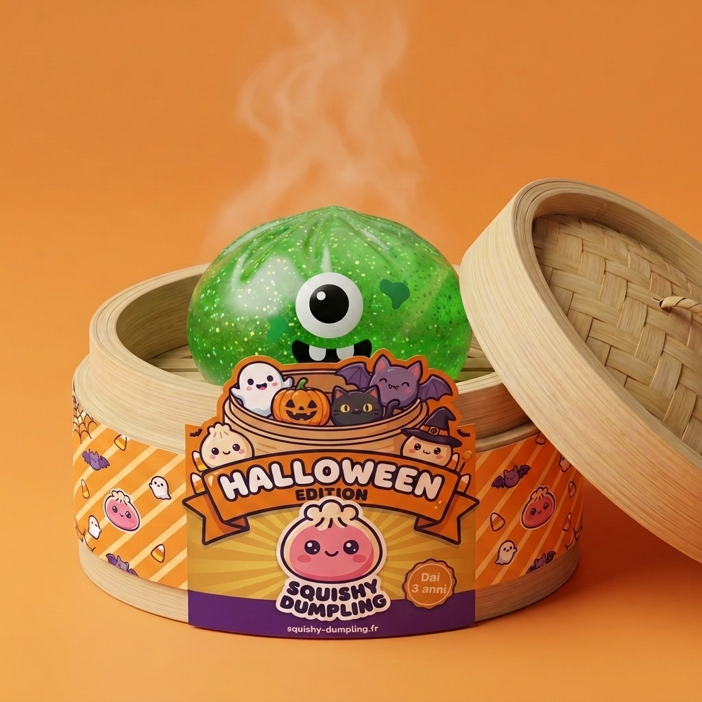 Squishy Dumpling Monster Halloween Verde Glitter nel suo cestino di bambù per vapore