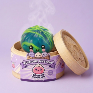 Dumpling Squishy Mystery Tie Dye Mini nel suo cestino di bambù per vapore