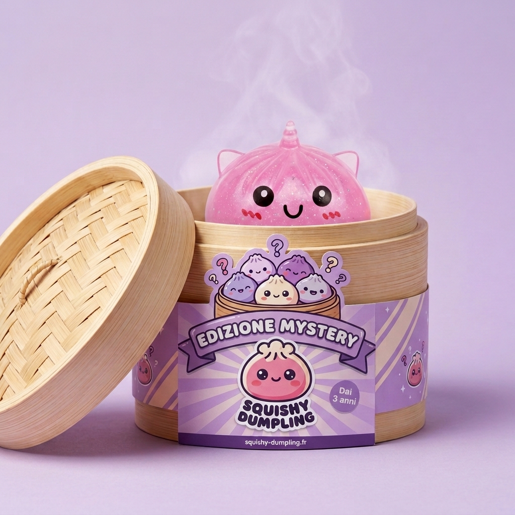 Dumpling Squishy Mini Unicorno Mystery nel suo cestino di bambù per vapore
