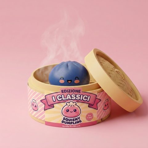 Dumpling Squishy Bleu Marine Notturno nel suo cestino di bambù per vapore