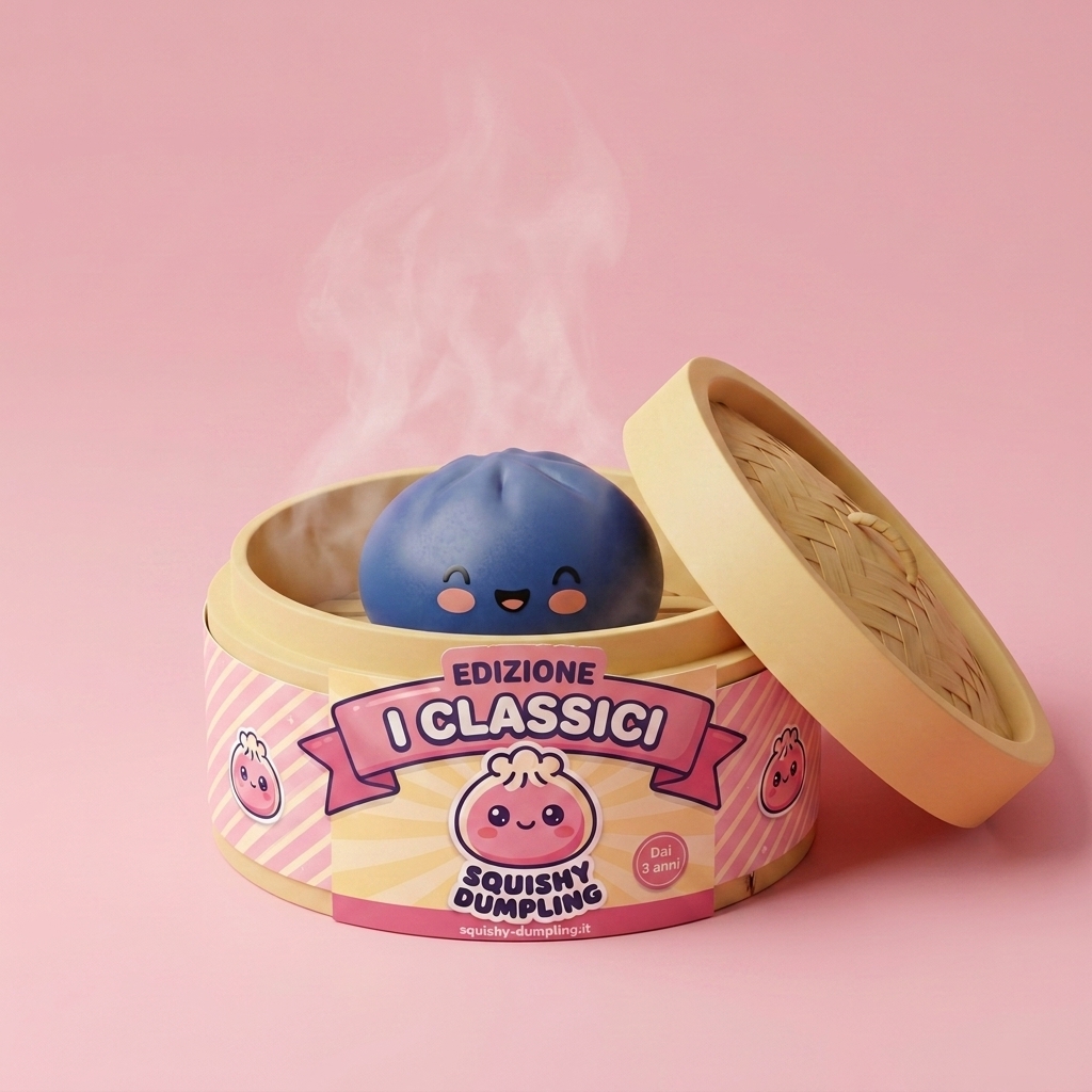 Dumpling Squishy Bleu Marine Notturno nel suo cestino di bambù per vapore