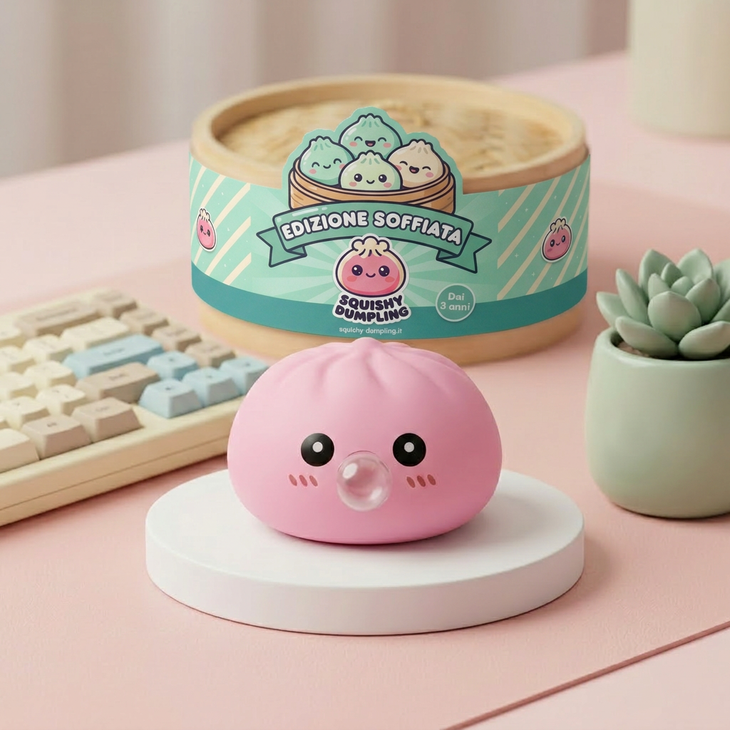 Dumpling Squishy Rosa Soffice con Cestino Bamboo — squishy antistress slow-rise kawaii