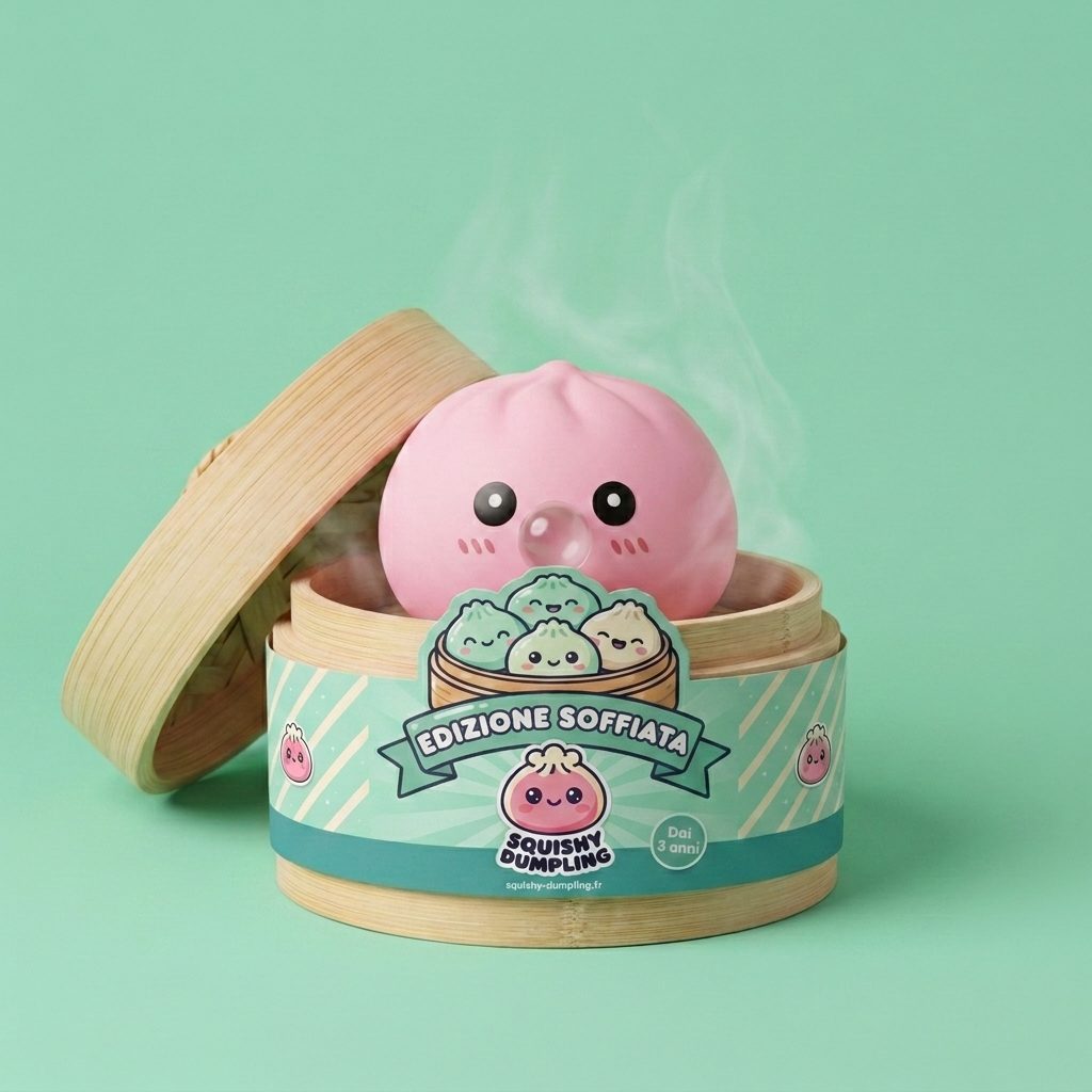 Dumpling Squishy Rosa Soffice con Cestino Bamboo — squishy antistress slow-rise kawaii