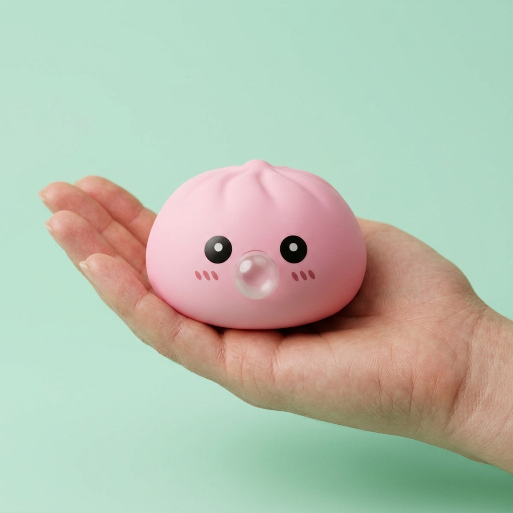 Dumpling Squishy Rosa Soffice con Cestino Bamboo — squishy antistress slow-rise kawaii