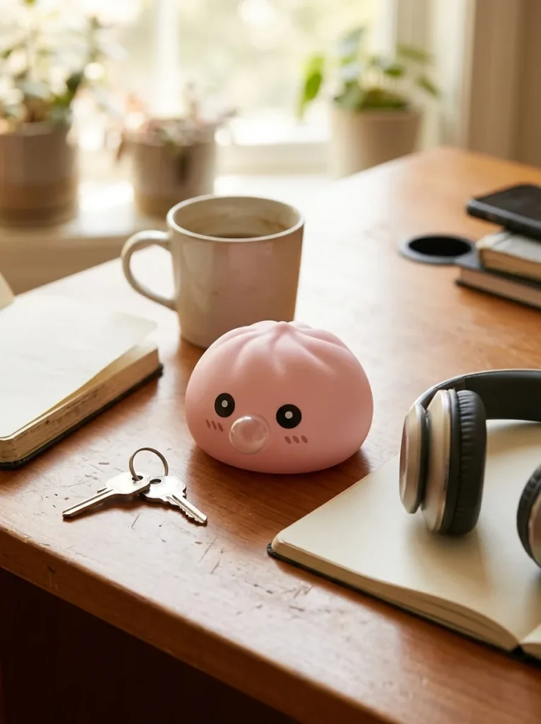 Dumpling Squishy Rosa Soffice con Cestino Bamboo — squishy antistress slow-rise kawaii