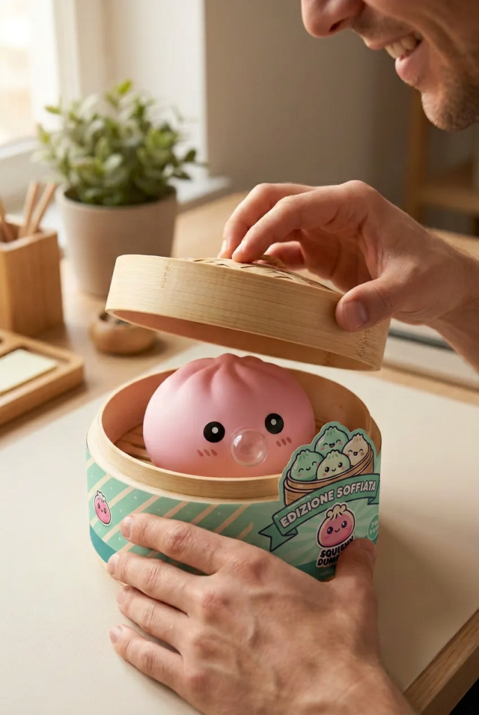 Dumpling Squishy Rosa Soffice con Cestino Bamboo — squishy antistress slow-rise kawaii