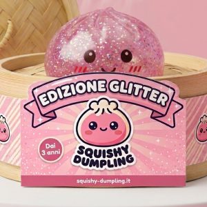 Glitter Dumpling Squishy Rosa Kawaii nel suo cestino di bambù per vapore