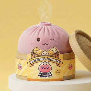 Squishy Dumpling Toy Rosa Gigante nel suo cestino di bambù per vapore