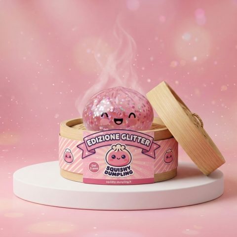 Dumpling Squishy Rose Sparkle Bubblegum nel suo cestino di bambù per vapore