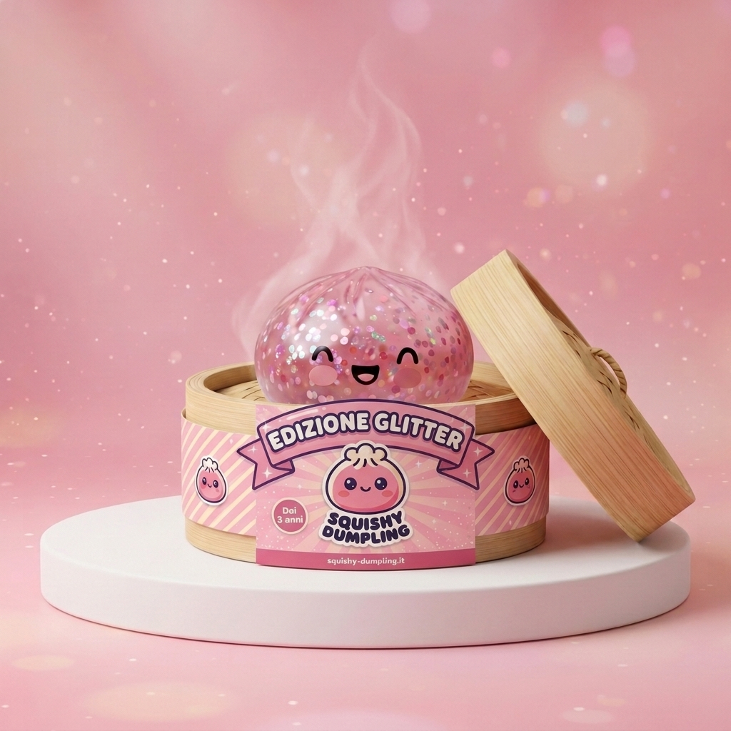 Dumpling Squishy Rose Sparkle Bubblegum nel suo cestino di bambù per vapore