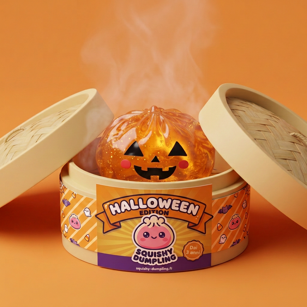 Pumpkin Squishy Dumpling Halloween Luminosa nel suo cestino di bambù per vapore