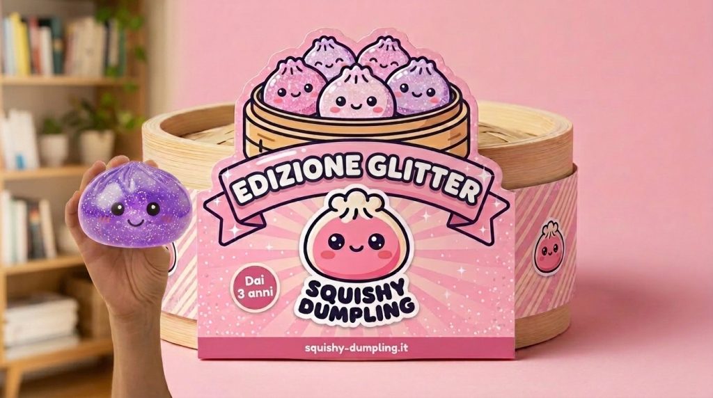 Glitter Dumpling Squishy Viola Sognante con il suo cestino di bambù per vapore