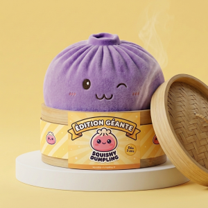 Dumpling Squishy Gigante Viola nel suo cestino di bambù per vapore