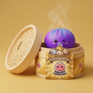 Dumpling Squishy Purple Rare Blow Cosmico nel suo cestino di bambù per vapore