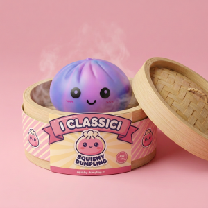 Squishy Dumpling Tie-Dye Violet Zucchero Filato nel suo cestino di bambù per vapore