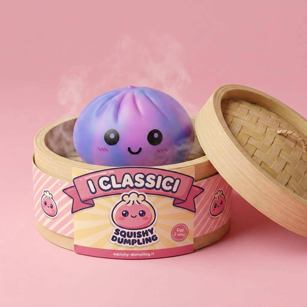 Squishy Dumpling Tie-Dye Violet Zucchero Filato nel suo cestino di bambù per vapore