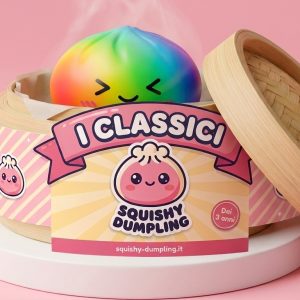 Rainbow Dumpling Squishy Multicolore Kawaii nel suo cestino di bambù per vapore