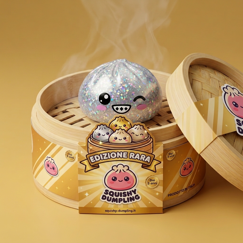 Rare Dumpling Squishy Argento Scintillante nel suo cestino di bambù per vapore