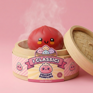 Dumpling Squishy Rosso Fluffy nel suo cestino di bambù per vapore