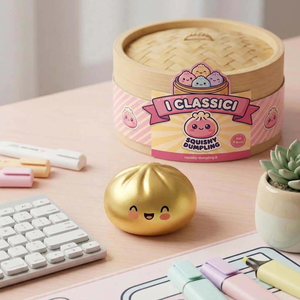 Dumpling Squishy Doré Lucky con Cestino Bambù — squishy antistress slow-rise kawaii