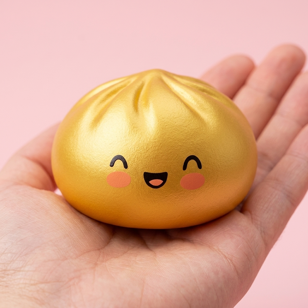 Dumpling Squishy Doré Lucky con Cestino Bambù — squishy antistress slow-rise kawaii