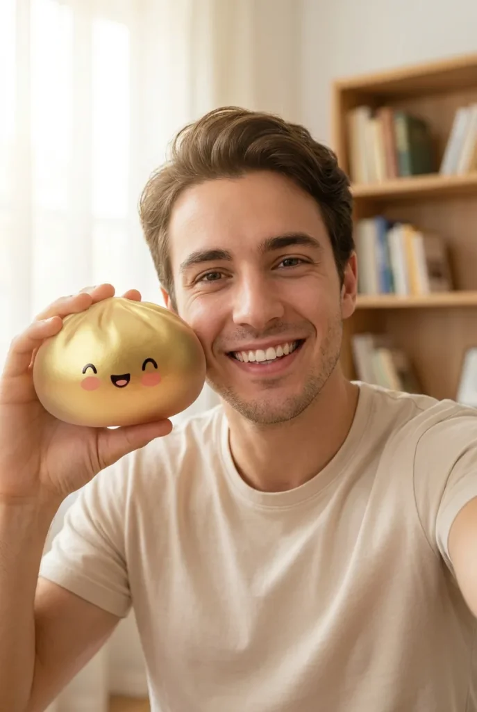 Dumpling Squishy Doré Lucky con Cestino Bambù — squishy antistress slow-rise kawaii