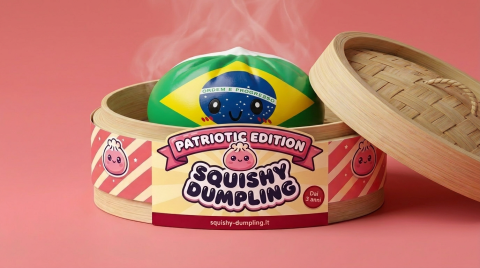 Dumpling Squishy Flag Brasile nel suo cestino di bambù per vapore