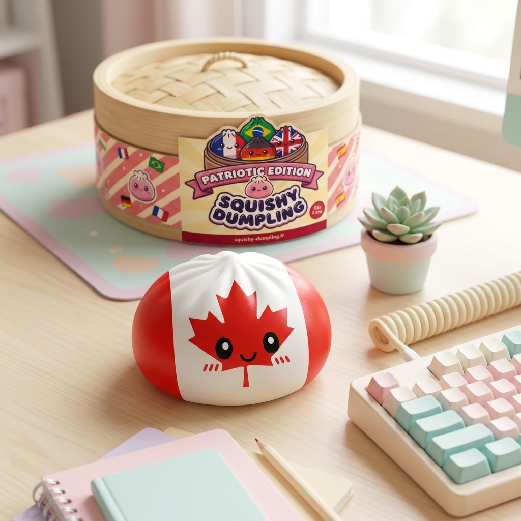 Flag Squishy Dumpling Canada con Cestino Bambù — squishy antistress slow-rise kawaii