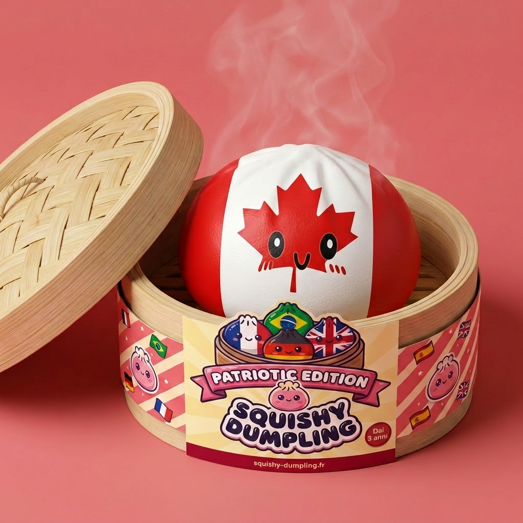 Flag Squishy Dumpling Canada con Cestino Bambù nel suo cestino di bambù per vapore